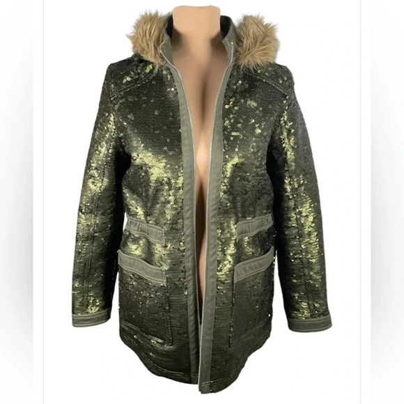 Express Green Sequin Parka With Fur Lining ✨ size Small‎ - Picture 3 of 13